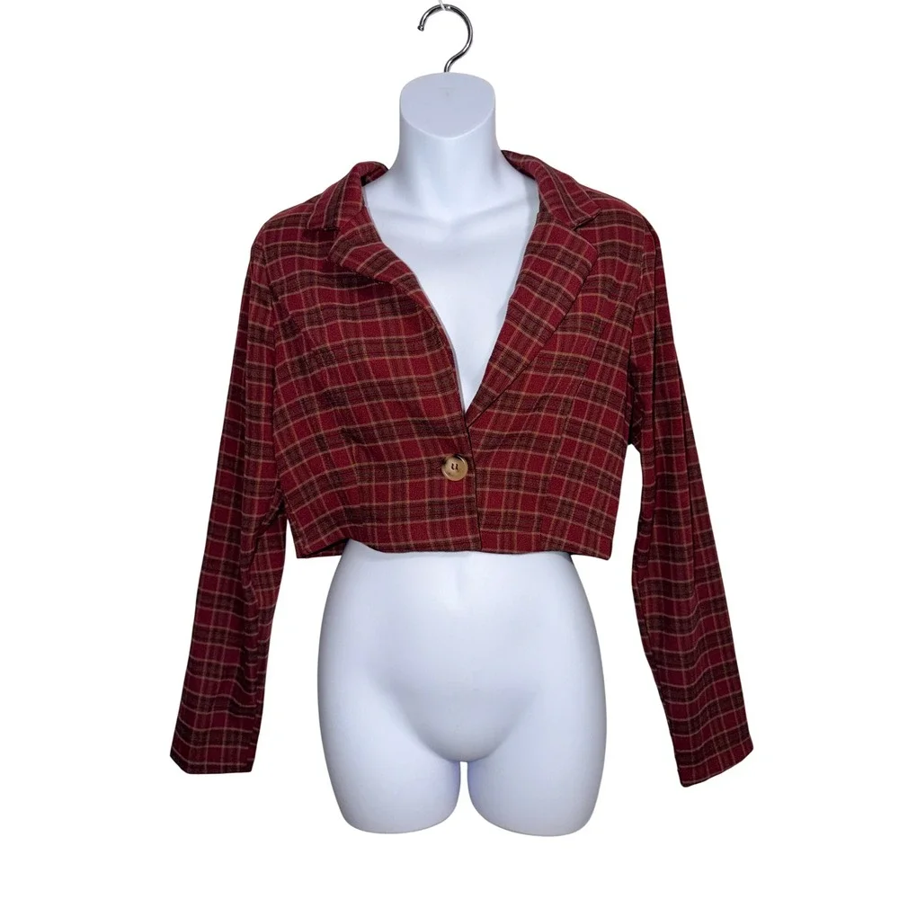 Hyfve Womens Red Plaid Cropped Single Button Blazer Top Small HF22F822